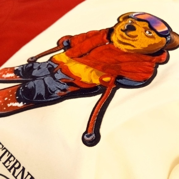 Mens ETNT Eternity Ski Bear Sweatshirt Eggshell 3D Chenille Applique Skiing NWT - Picture 2 of 10